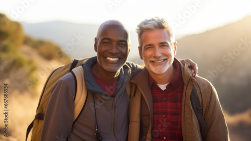 Active retired interracial male couple hiking outdoors