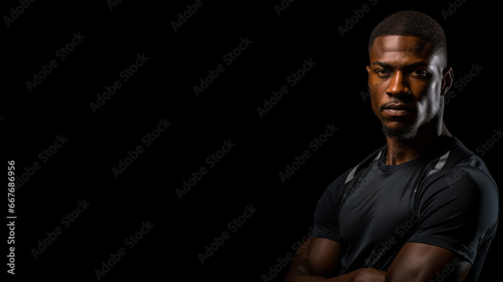 African American male fitness model trainer isolated against black background