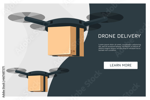 Drone delivery concept, Fast delivery, Automated quadcopter flying over map and carrying. Webpage, app design