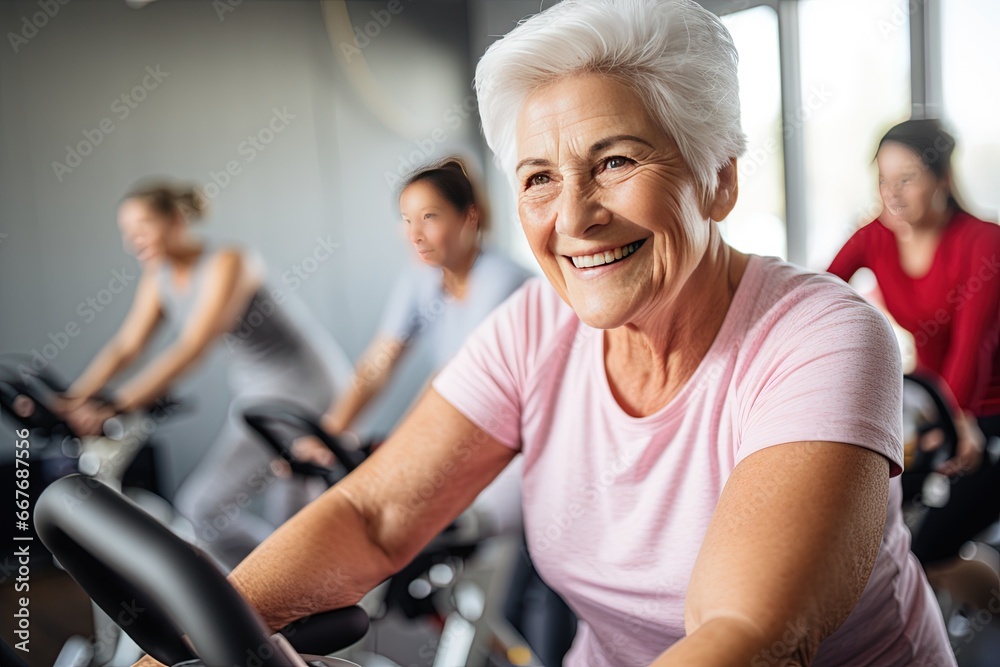 Active graceful Senior Women and Friends Practicing cycling exercise class for muscle health, workout, and training with the retirement community, exercise, and happy elderly friends group. Active graceful Senior Women and Friends Practicing cycling exercise class for muscle health, workout, and training with the retirement community, exercise, and happy elderly friends group.