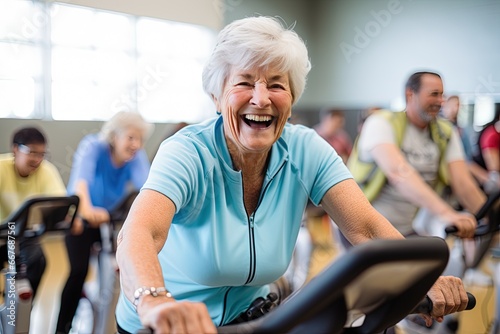 Active graceful Senior Women and Friends Practicing cycling exercise class for muscle health, workout, and training with the retirement community, exercise, and happy elderly friends group.