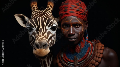 tribal portrait with giraffe  copy space  16 9