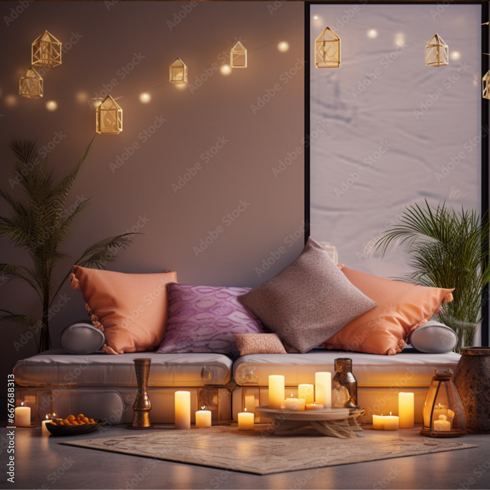 a modern minimal indian living room, decorated for diwali, sofa, side