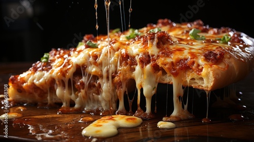 A cheesy and gooey pizza slice. AI generated