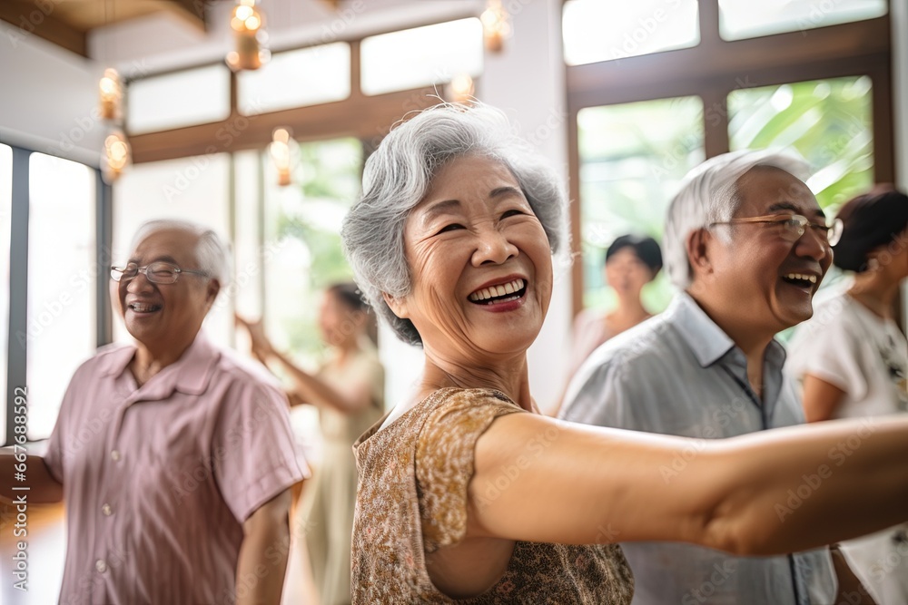 Active graceful Senior Women and Friends Practicing dancing exercise class for muscle health, workout, and training with the retirement community, exercise, and happy elderly friends group.