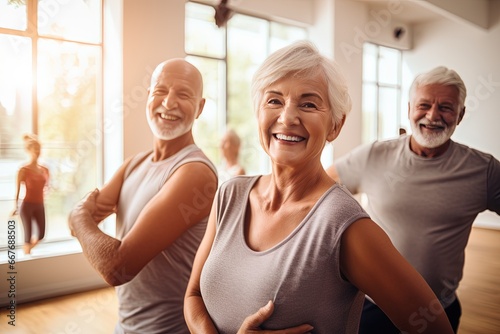 Active graceful Senior Women and Friends Practicing dancing exercise class for muscle health, workout, and training with the retirement community, exercise, and happy elderly friends group.