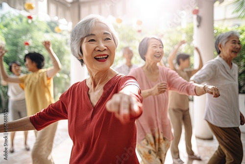 Active graceful Senior Women and Friends Practicing dancing exercise class for muscle health, workout, and training with the retirement community, exercise, and happy elderly friends group.