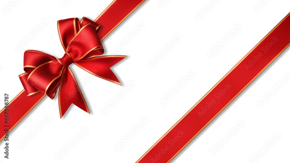 Red bow ribbon with gold pattern and red ribbon with isolated against transparent background. Christmas and happy birthday concept Red bow ribbon with gold pattern and red ribbon with isolated against transparent background. Christmas and happy birthday concept