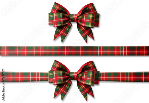 Green-red plaid ribbon and bow ribbon with isolated against transparent background. Christmas and happy birthday concept