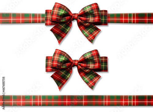 Green-red plaid ribbon and bow ribbon with isolated against transparent background. Christmas and happy birthday concept