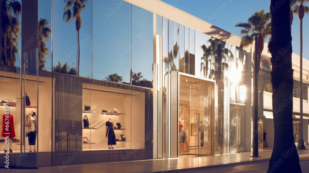 luxury-goods stores in Beverly Hills. Fashion store front. - obrazy, fototapety, plakaty 