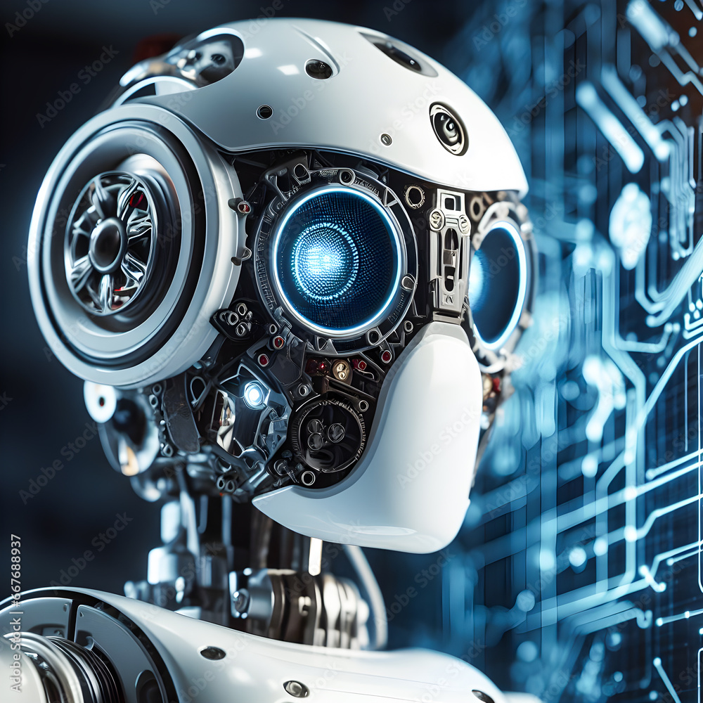 Fototapeta premium 3d rendering robot with circuit board in the background, artificial intelligence concept