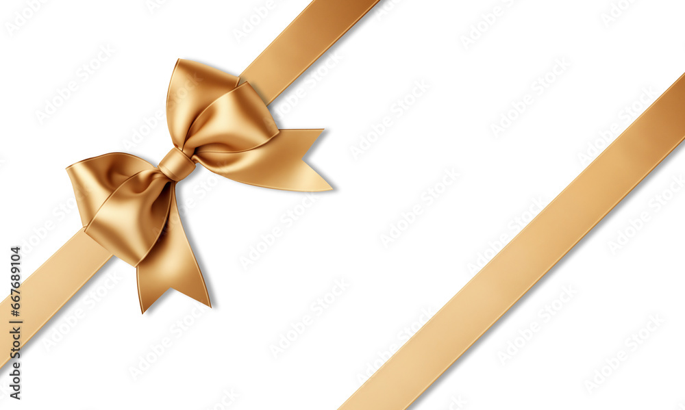Gold bow ribbon and gold ribbon with isolated against transparent background. Christmas and happy birthday concept - obrazy, fototapety, plakaty 