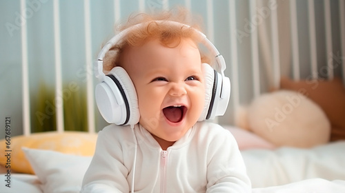 Baby laughs in headphones. Generative AI,