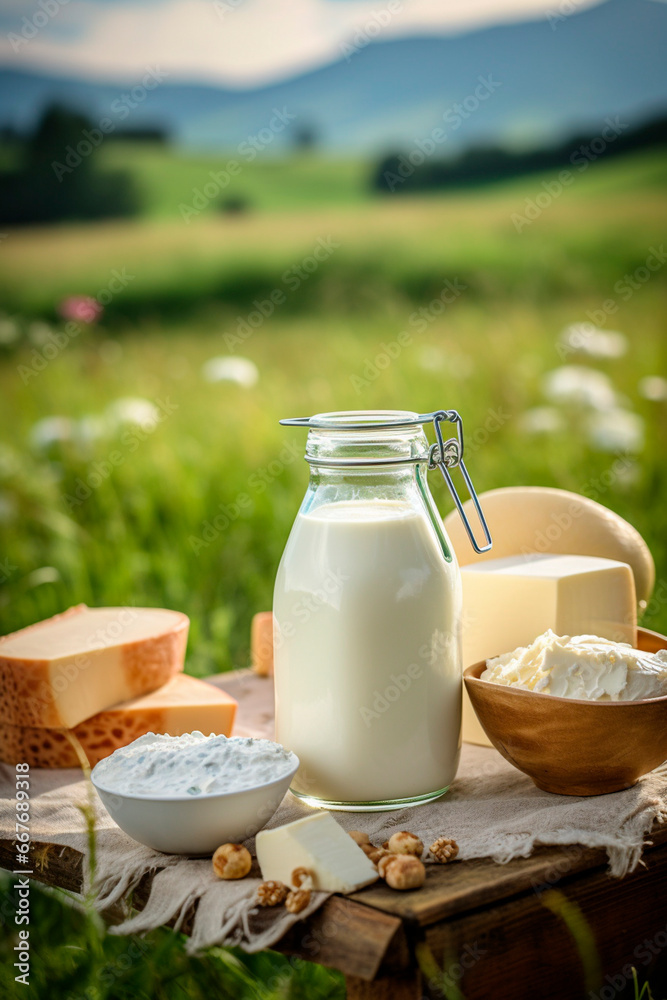 Milk and dairy products against the backdrop of a meadow with grazing cows. Generative AI, Milk and dairy products against the backdrop of a meadow with grazing cows. Generative AI,