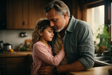 A middle age father is hugging his daughter in the kitchen. Generative AI.
