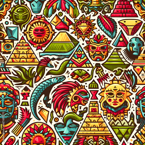 Seamless pattern with mayan symbols. Colorful background