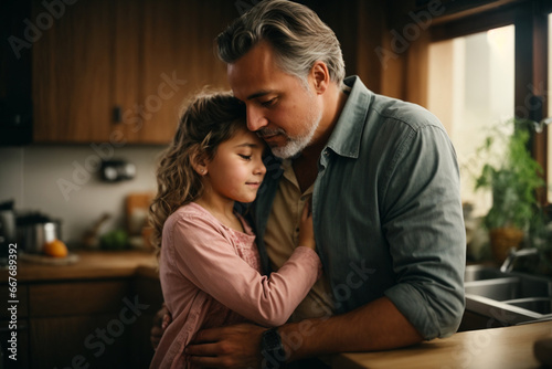 A middle age father is hugging his daughter in the kitchen. Generative AI. photo