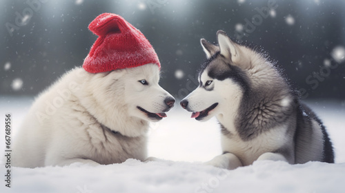 Two adorable cheerful Siberain husky dogs playing snow at park, close up shot, dog in winter background.  photo