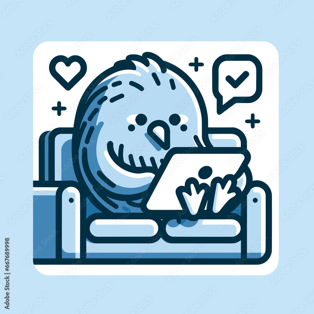 Bird on tablet sitting on couch, Blue color scheme