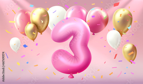 Happy Birthday years anniversary of the person birthday, balloon in the form of numbers Three of the year. Vector illustration