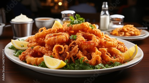 A plate of savory and crispy fried calamari. AI generated