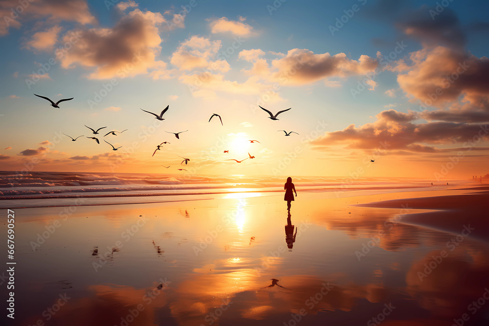 A tranquil, sun-kissed beach at the break of dawn provides the backdrop as a silhouette of a woman, bathed in the soft, golden hues of the rising sun, strolls along the shoreline