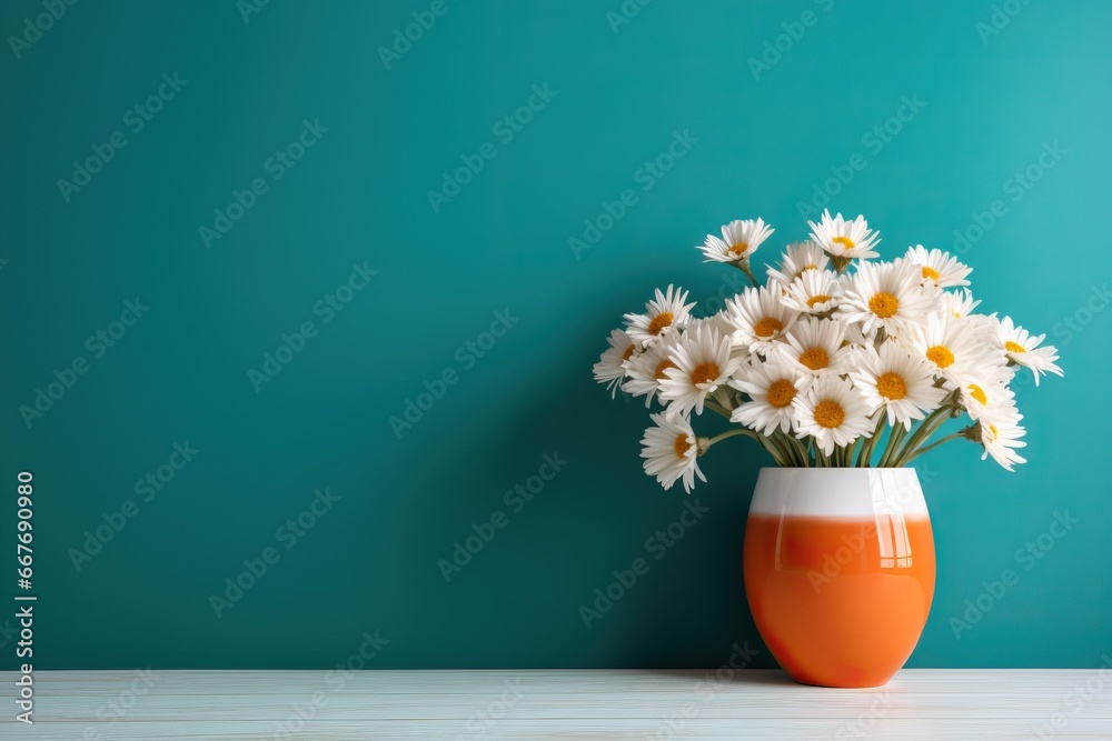 Daisy flowers bouquet in orange vase on white wooden coffee table near turquoise wall background. Interior design of modern living room with space for text. - obrazy, fototapety, plakaty 