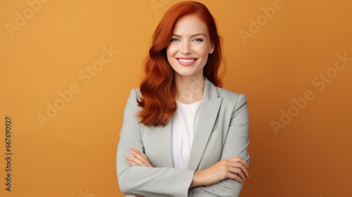 Smiling Adult White Woman with Red Straight Hair Photo. Portrait of Business Person on Solid Background. Photorealistic Ai Generated Horizontal Illustration. © Vector Juice