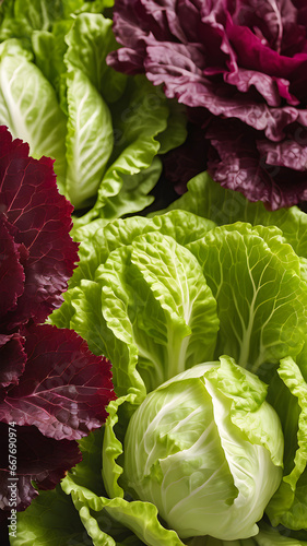 Variety of fresh green and purple lettuce, close-up. photo