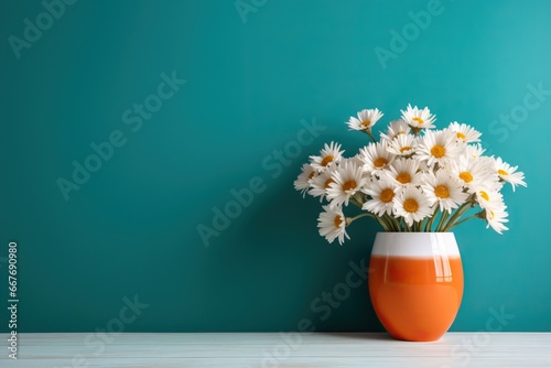 Daisy flowers bouquet in orange vase on white wooden coffee table near turquoise wall background. Interior design of modern living room with space for text. photo