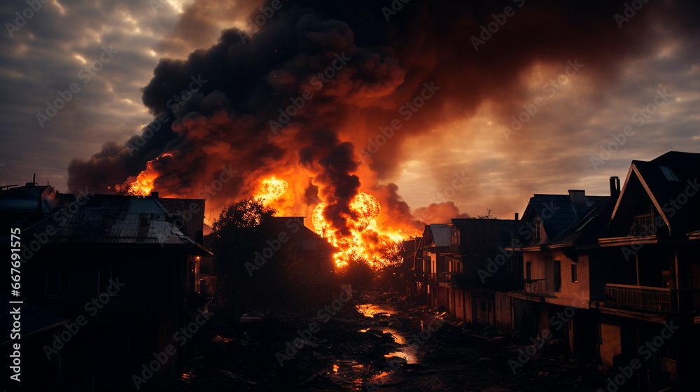 Explosion in the city black smoke. Generative AI, Explosion in the city black smoke. Generative AI,