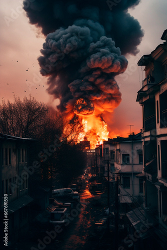 Explosion in the city black smoke. Generative AI,