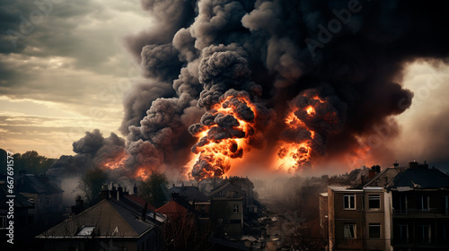 Explosion in the city black smoke. Generative AI,