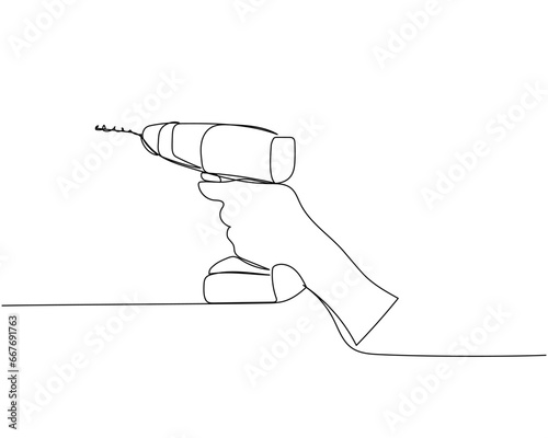 Screwdriver in hand, drill, tighten screws, make a hole in the wall one line art. Continuous line drawing of repair, professional, hand, people, concept, support, maintenance.