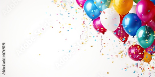 Group of colorful festive glossy balloons and confetti on white background. Decor for birthday, anniversary, celebration or other events. Children party decorations