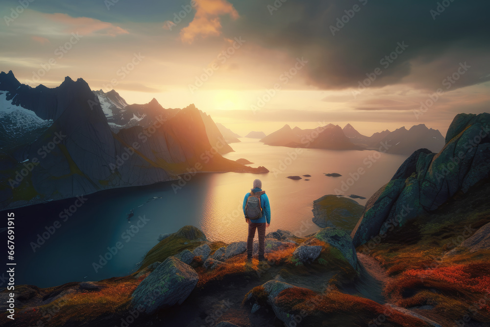 Hiker in Norway mountains at sunset
