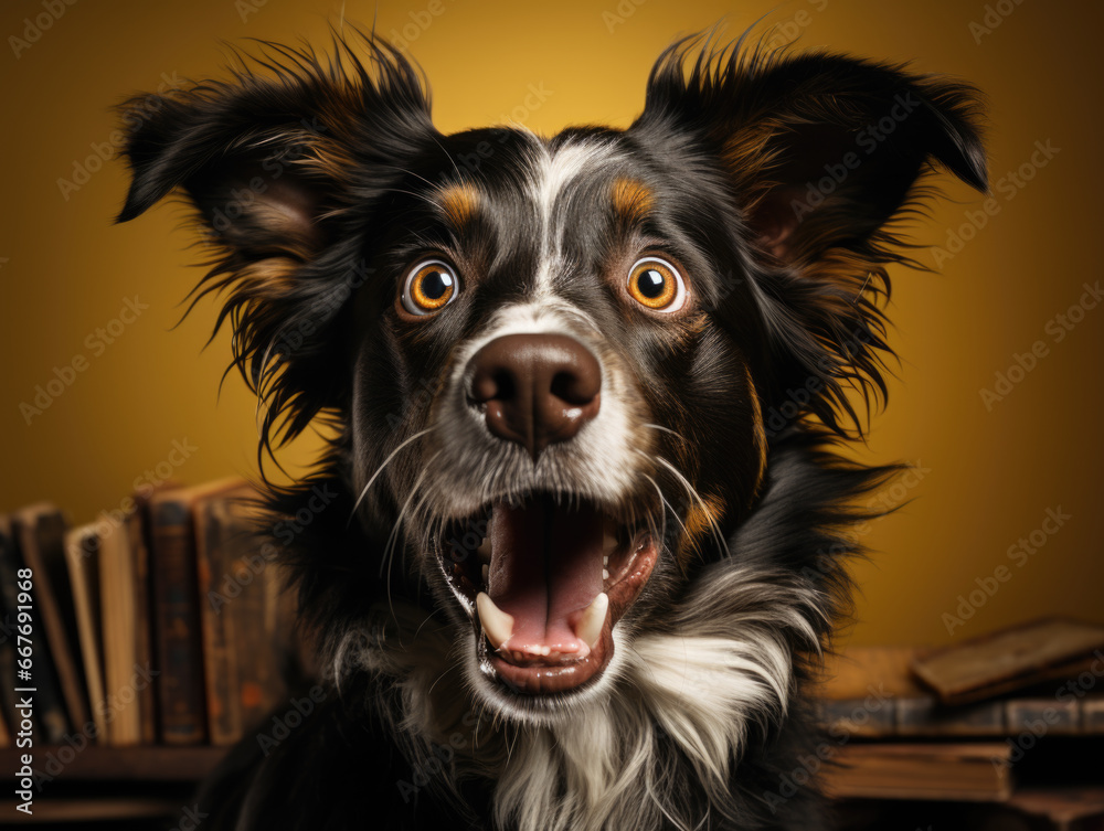 Holding an opened book, a surprised dog in glasses, studio portrait on a yellow background.