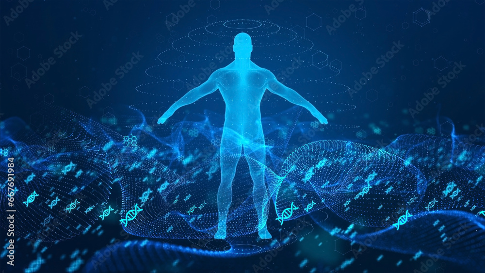 Abstract wave DNA of digital science with medical human body