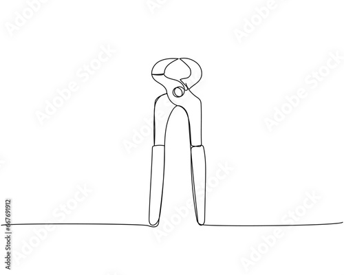 Construction wire cutters, pliers, vise grip, swagers one line art. Continuous line drawing of repair, professional, hand, people, concept, support, maintenance.