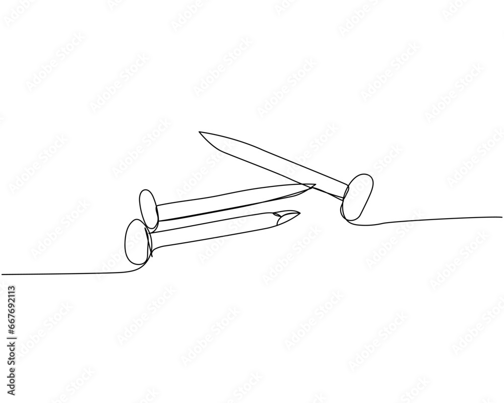 Nail, pin, spike, tack, rivet, hobnail one line art. Continuous line drawing of repair, professional, hand, people, concept, support, maintenance. Nail, pin, spike, tack, rivet, hobnail one line art. Continuous line drawing of repair, professional, hand, people, concept, support, maintenance.