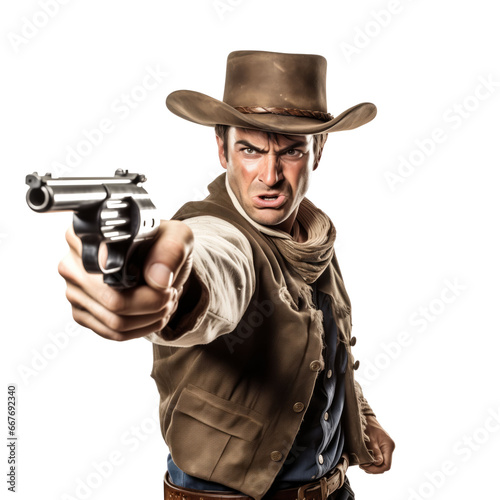 Cowboy duel or gunfight sheriff aiming
