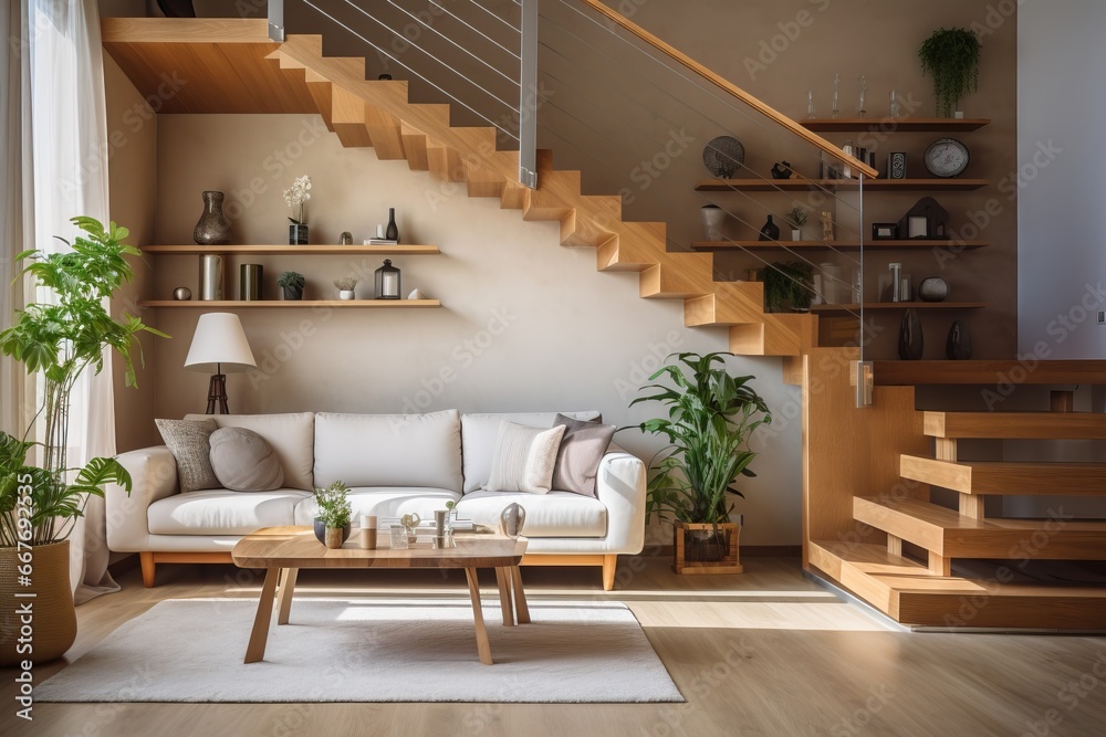 Interior design modern living room interior with wooden stairs Stock ...