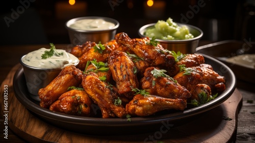 A tray of mouthwatering and spicy buffalo wings. AI generated