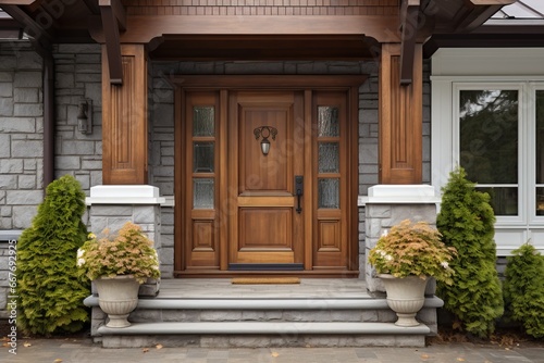 Entrance Door: Georgian wooden front door with pillars and stone walls.