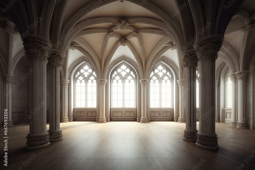 Spacious room with gothic style columns, depicted in 3D. Generative AI