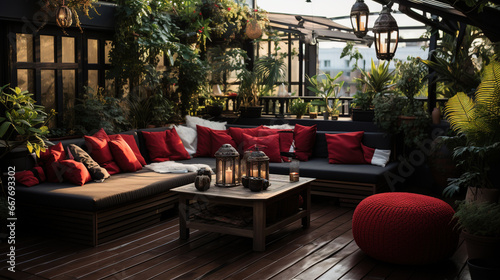 A Patio Decorated with Black White and Red Decorations in Naturalistic Light Background