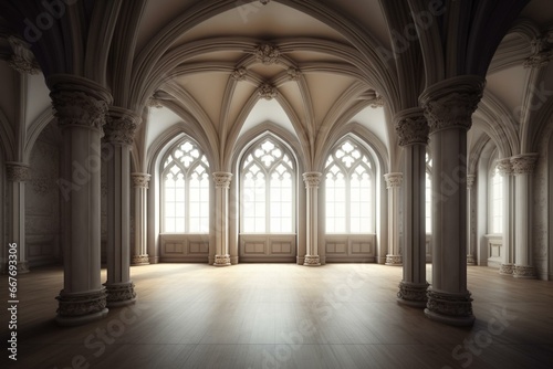 Spacious room with gothic style columns, depicted in 3D. Generative AI