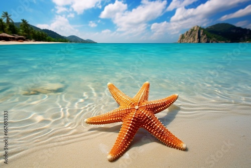 A starfish resting on a sandy beach  embraced by pristine waters  revealing the allure of marine existence in its native environment. Generative AI
