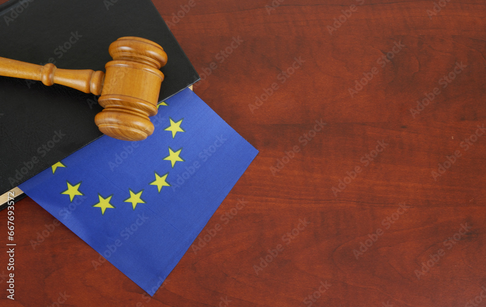 Wooden judge gavel and legal book with European Union flag. Laws and court in Europe concept. Copy space for text.